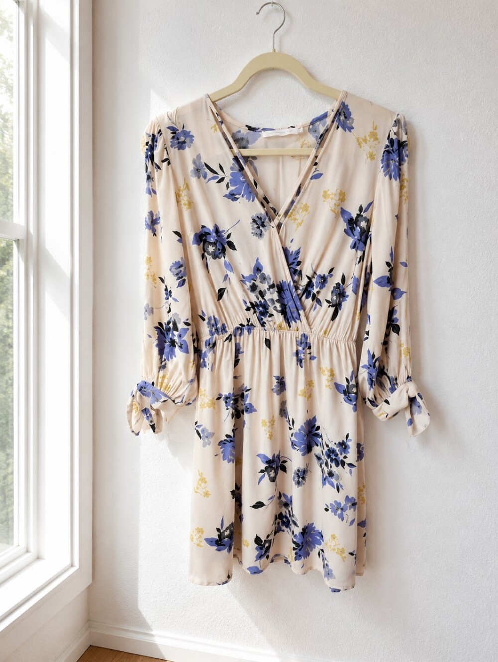 Lush Women’s Small Cream‎ Floral Mini Dress Blue Yellow Wrap Front Cottagecore